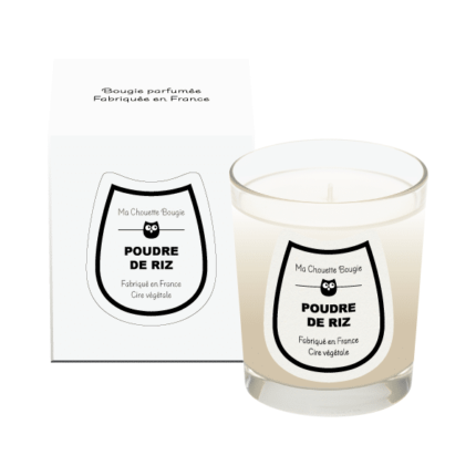 Bougie parfumee poudre de riz 190g verre transparent etui classique